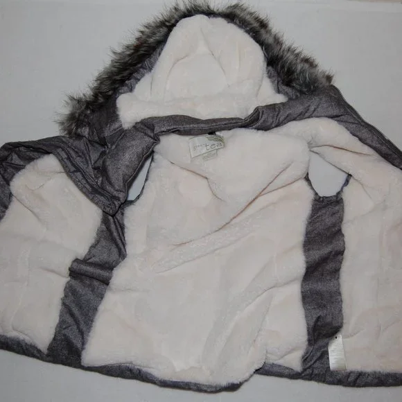 Green Tea Puffer Vest, Faux Fur Lined, Hooded, Zip Pockets, Gray, Size S - Picture 10 of 12